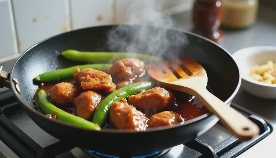 A nonstick skillet on a home stove with soy garlic chicken and green peppers cooking, steam rising, and a wooden spatula resting on the edge.
