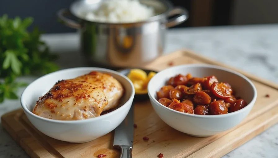 A cooked chicken breast being split into two bowls, one plain for kids and one with chili crisp and soy sauce for adults, next to a pot of rice.