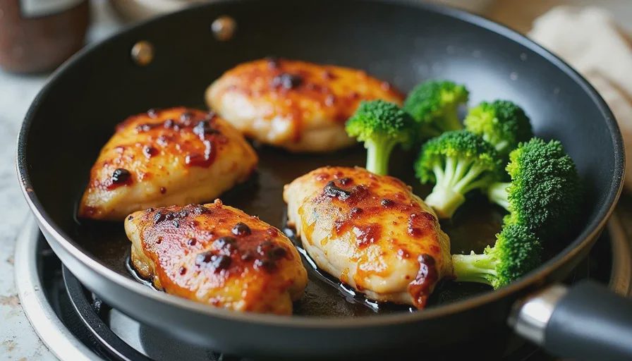 Close-up of chicken thighs and broccoli in a nonstick skillet with a glossy soy-based sauce, showing browned edges on the chicken and green florets.