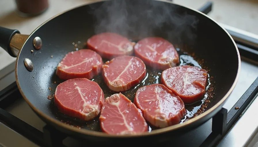Sliced beef searing in a nonstick skillet in a single layer, with visible browned edges and steam, leaving space between pieces to avoid overcrowding.