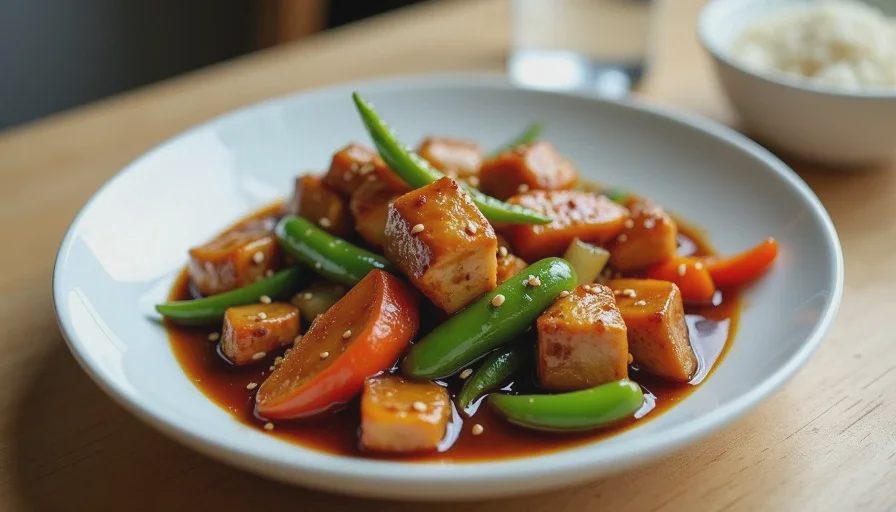 A finished stir-fry made with substitute ingredients, showing glossy sauce on chicken and vegetables, served on a white plate with rice.