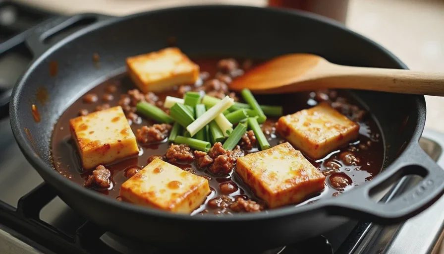 A skillet of mild mapo tofu with soft tofu cubes, ground pork, and glossy brown sauce, garnished with scallion greens, on a stovetop.