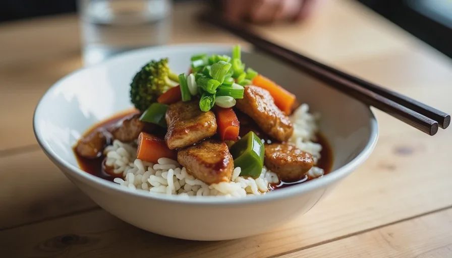 A white ceramic bowl filled with rice topped with a Chinese-inspired chicken and vegetable stir-fry, garnished with sliced scallions on a wooden table.
