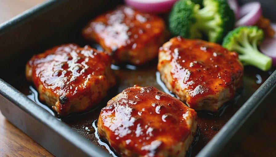 Close-up of char siu-style chicken thighs on a sheet pan with bubbling sauce, showing caramelized edges and roasted vegetables.
