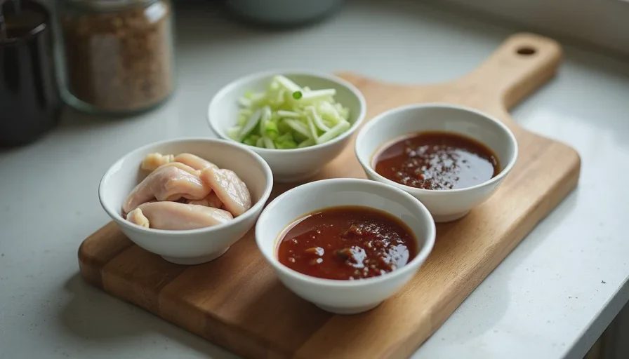A home cook's mise en place with a plate of seasoned chicken, a pile of garlic, ginger, and scallions, and a small bowl of sauce, ready before cooking.