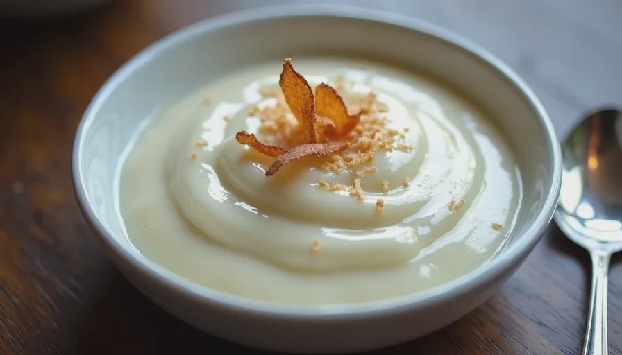 A white bowl of coconut pudding with a spoon, showing the creamy texture and a few toasted coconut flakes on top.