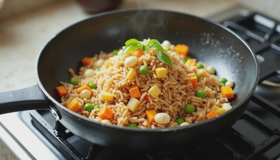 Close-up of fried rice made from leftover rice in a nonstick skillet, with eggs, carrots, peas, and scallions, showing the individual grains and light char.