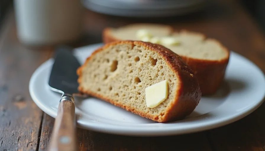 A slice of brown sugar loaf cake on a white plate with a smear of salted butter, showing the moist crumb and golden crust.