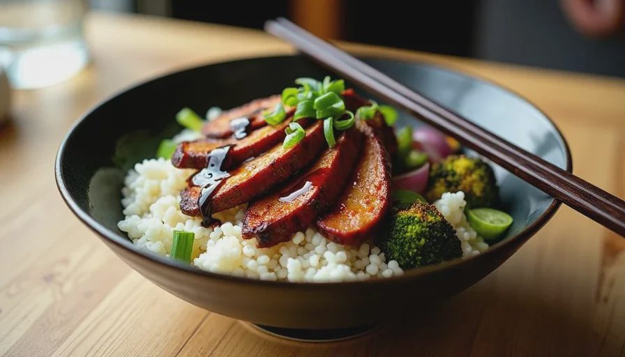 A bowl of rice topped with sliced char siu-style chicken and roasted vegetables, drizzled with extra sauce and garnished with scallions.