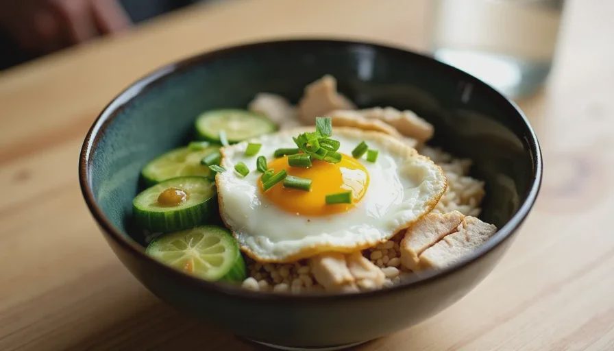 A bowl of leftover rice topped with a fried egg, leftover chicken, and quick-pickled cucumbers, showing a simple next-day rice bowl.