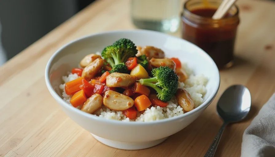 A finished weeknight stir-fry made with prepped ingredients, served over rice in a bowl, with a jar of pre-mixed sauce on the side.