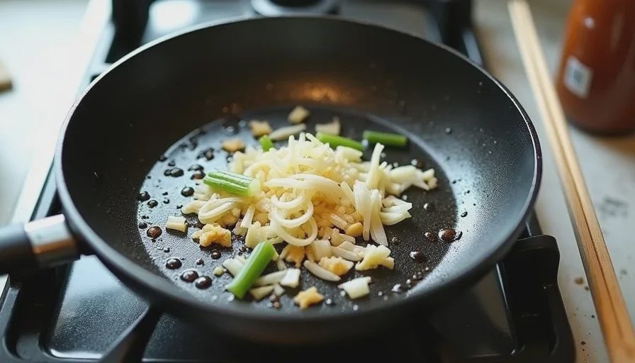 Garlic, ginger, and scallion whites sizzling in hot oil in a skillet, with steam rising and the aromatics just starting to turn fragrant.