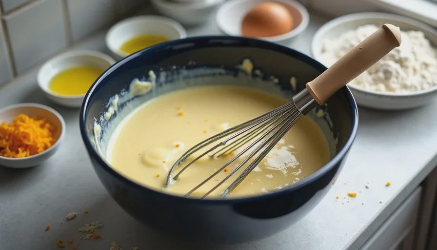 Mixing citrus olive oil cake batter in one bowl A mixing bowl with citrus olive oil cake batter and a whisk, with lemon zest, orange zest, and a cup of olive oil nearby.