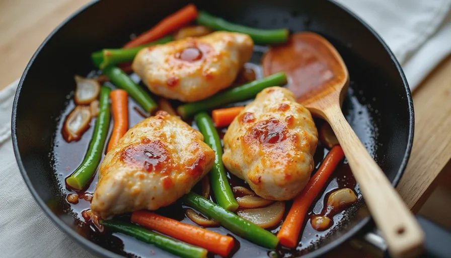 A finished chicken and vegetable stir-fry in a skillet with a few drops of toasted sesame oil glistening on the surface, not burned.