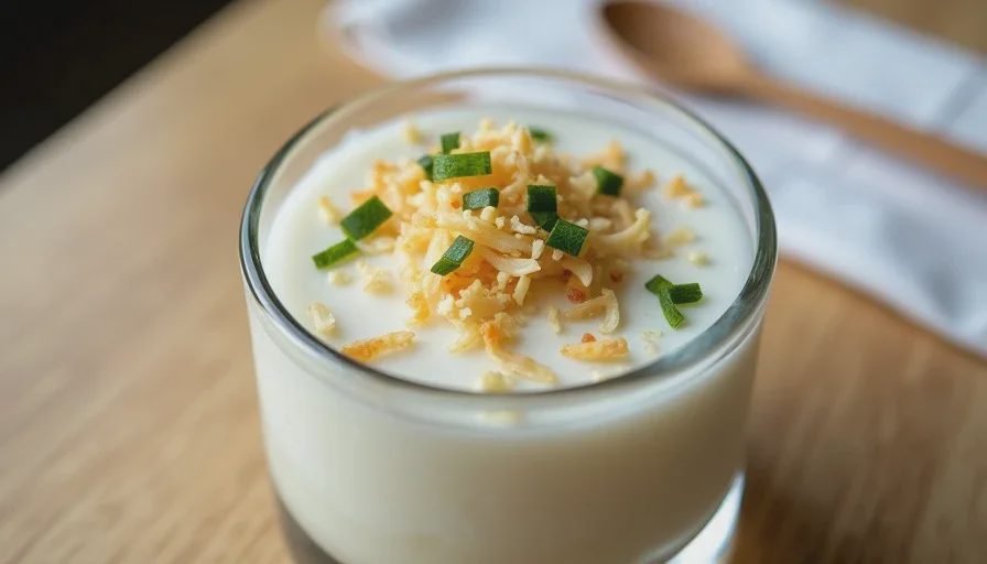 Close-up of toasted coconut flakes and lime zest sprinkled on top of coconut pudding in a small glass dish.