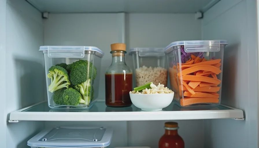 A refrigerator shelf with clear containers of prepped vegetables, cooked rice, and small jars of sauce, arranged neatly for the week ahead.