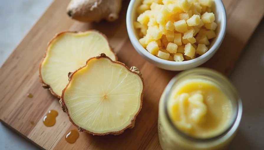 A close-up of fresh ginger root, a small bowl of grated frozen ginger, and a jar of ginger paste, showing texture differences.