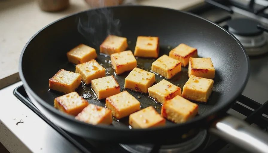 Searing tofu in a hot pan to get a real crust Cubes of tofu searing in a nonstick skillet, showing a golden brown crust and steam, with space between pieces to avoid steaming.