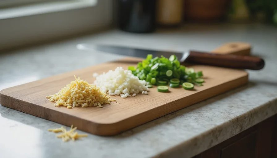 Three small piles of minced garlic, sliced ginger, and scallion whites and greens on a cutting board, with a knife resting beside them.