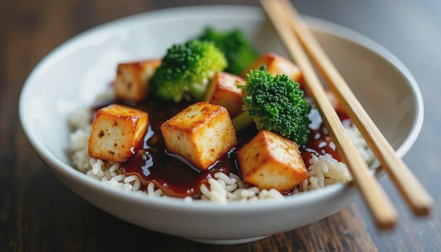 Close-up of crispy tofu and broccoli in a sauce bowl A close-up of crispy tofu and broccoli in a bowl with glossy sauce, showing the golden crust and bright green broccoli, with rice underneath.