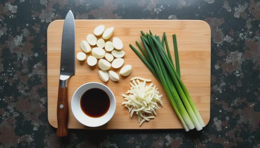 A wooden cutting board with sliced garlic, ginger, scallions, and a small bowl of soy sauce on a home kitchen counter before cooking.