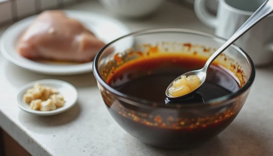 A bowl of soy-honey marinade with ginger paste, garlic, and soy sauce, with a whisk and a piece of chicken in the background.