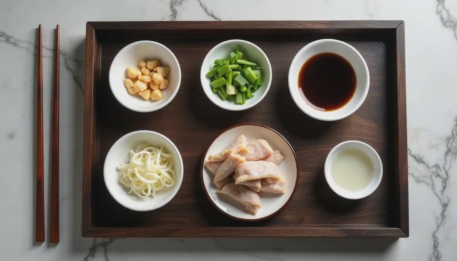 Small bowls with prepped stir-fry ingredients on a wooden board: garlic, ginger, scallions, chicken, and a mixed sauce, arranged in order.