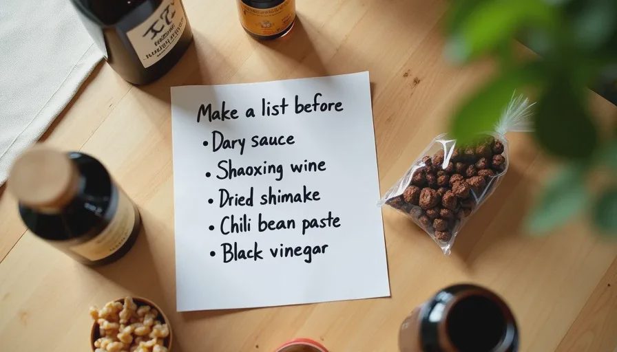 A short Asian market shopping list for beginners A handwritten list of Asian market staples with a few of the items next to it on a wooden table, showing a practical shopping approach.