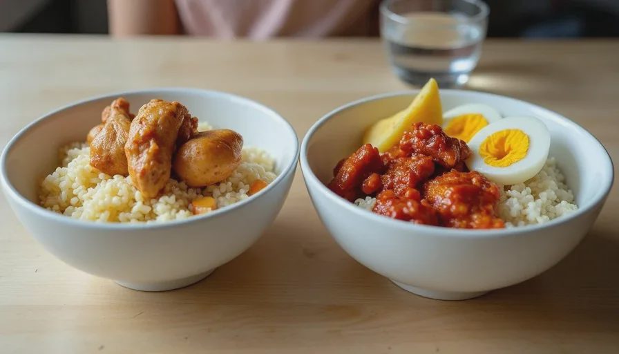 Two finished rice bowls on a table: one mild buttered rice bowl with plain chicken for kids, and one spicy chili crisp chicken bowl with cucumber for adults.
