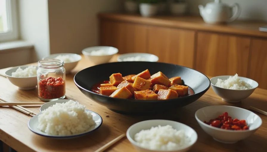 A family dinner table with a serving bowl of mild mapo tofu, rice bowls, and a small jar of chili crisp on the side, showing how adults add heat.
