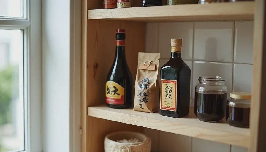 A small, practical Chinese pantry shelf at home A small shelf in a home pantry with dark soy sauce, Shaoxing wine, dried shiitake mushrooms, chili bean paste, and black vinegar arranged neatly.