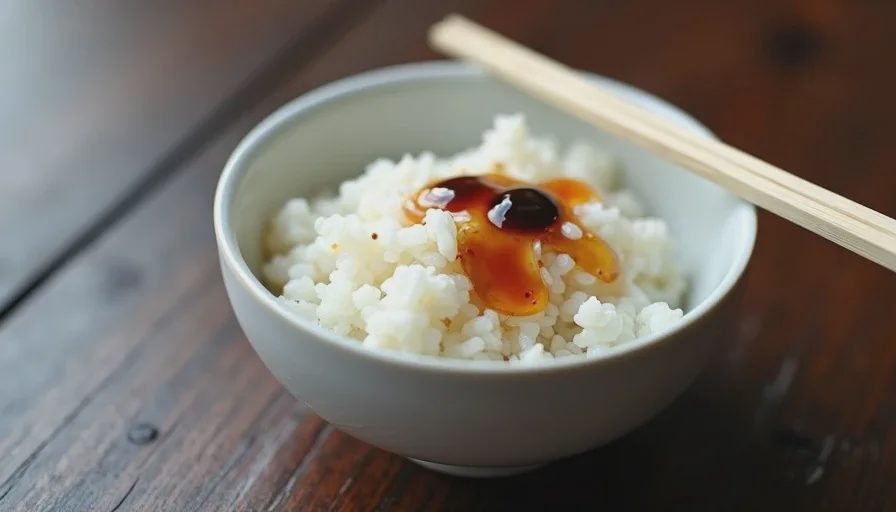 A small white bowl of plain rice with a few drops of sesame oil and a splash of soy sauce, showing the simple way to taste sesame oil.
