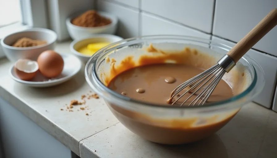 A mixing bowl with brown sugar loaf cake batter and a whisk, with eggs, melted butter, and brown sugar on the counter beside it.