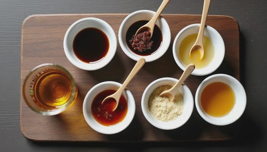 Small bowls of soy sauce, hoisin, molasses, chili garlic sauce, and lime juice next to a glass of dry sherry on a wooden counter.