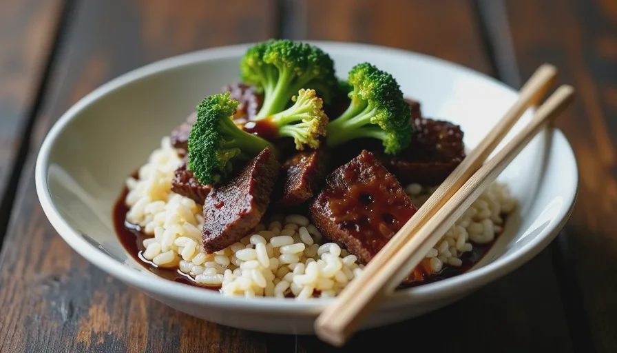 Close-up of takeout-style beef and broccoli in a bowl, showing glossy sauce clinging to beef slices and broccoli florets, with rice underneath.