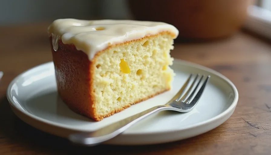 A slice of citrus olive oil cake with glaze A slice of citrus olive oil cake on a small white plate, showing the moist crumb and citrus zest, with a light glaze on top.
