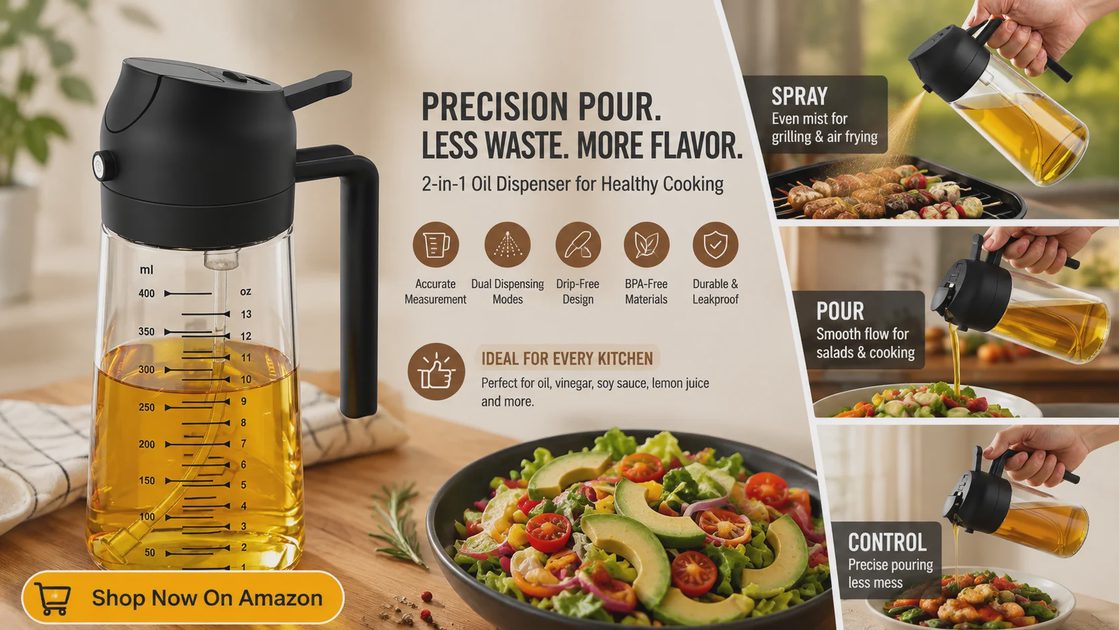 TrendPlain 2-in-1 glass oil dispenser showing spray, pour, and control modes for healthy cooking with less waste