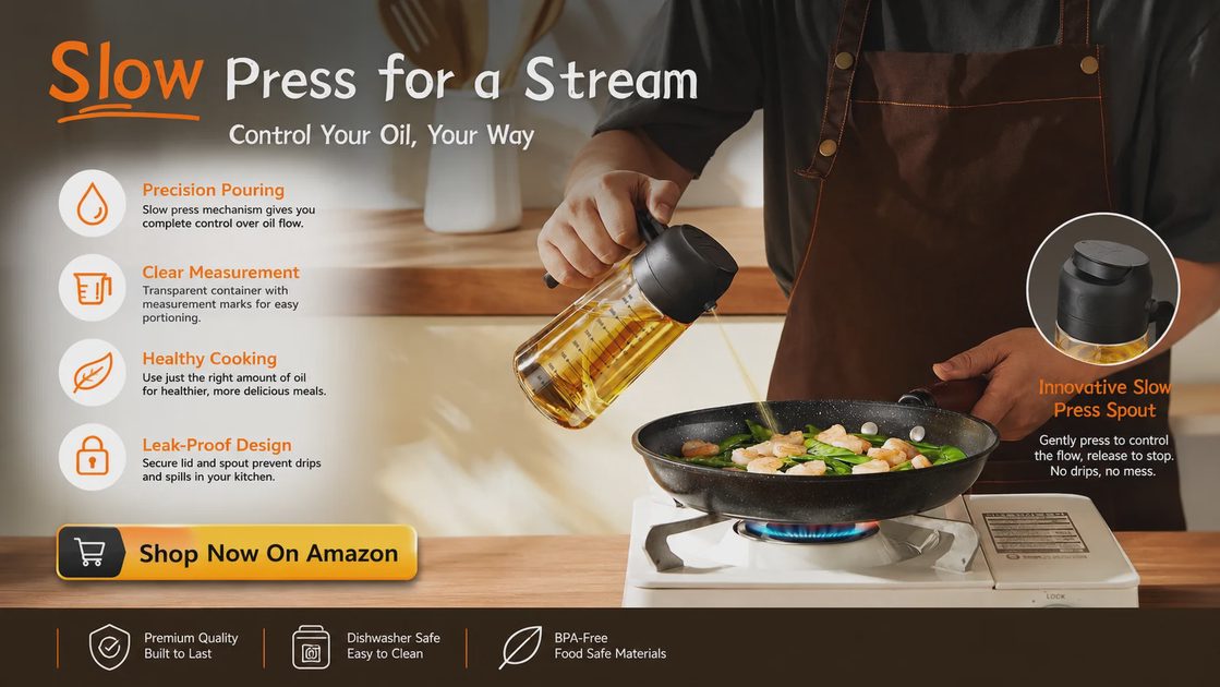 TrendPlain 2-in-1 oil sprayer pouring oil into a hot skillet with shrimp and vegetables, showing precision pour function