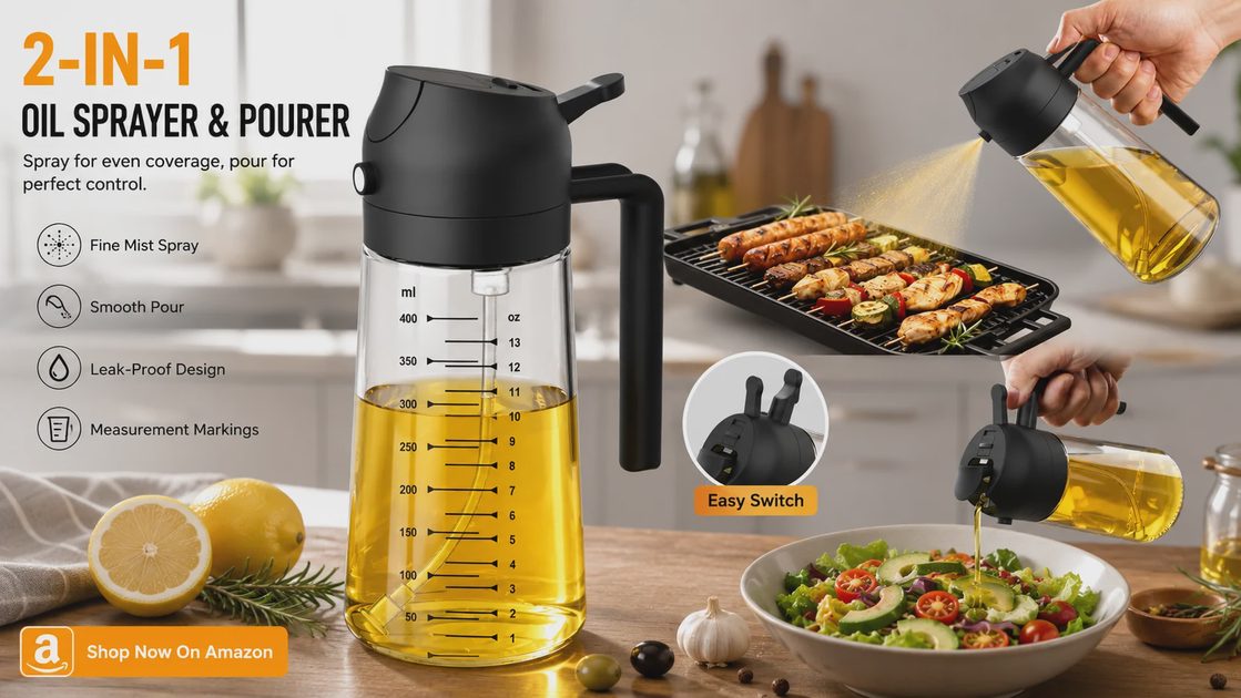 TrendPlain 2-in-1 oil sprayer and pourer showing fine mist spray for grilling and smooth pour for salads in kitchen
