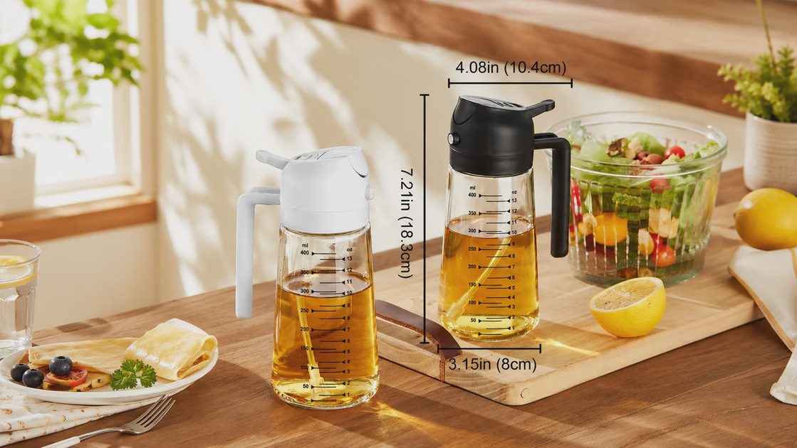 TrendPlain 2-in-1 glass oil sprayer dimensions — 7.21in tall, 4.08in wide, 3.15in base, black and white colors