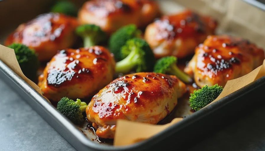 Close-up of soy-honey chicken thighs and broccoli on a sheet pan with glazed sauce, showing browned caramelized edges from the oven.