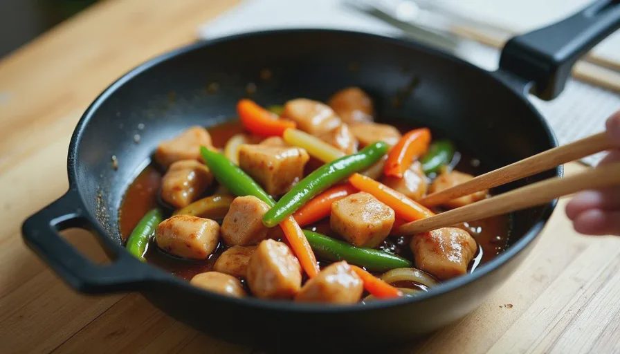 A simple stir-fry made with soy sauce, garlic, and vegetables in a black skillet, showing the glossy sauce from a basic Chinese pantry recipe.