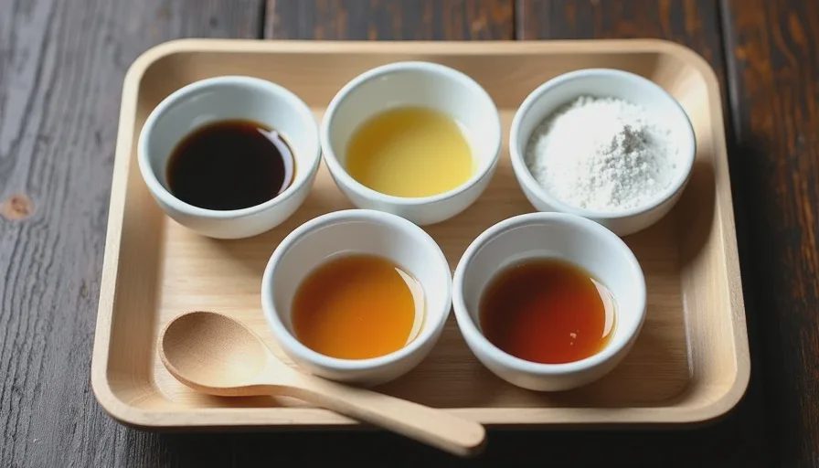 Close-up of soy sauce, honey, rice vinegar, sesame oil, and cornstarch in small bowls on a kitchen counter, arranged for a beginner Chinese pantry.