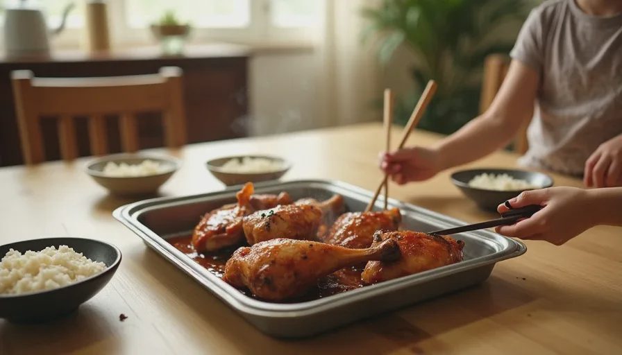 A family dinner table with a sheet pan of soy-honey chicken, bowls of rice, and small hands reaching for food.