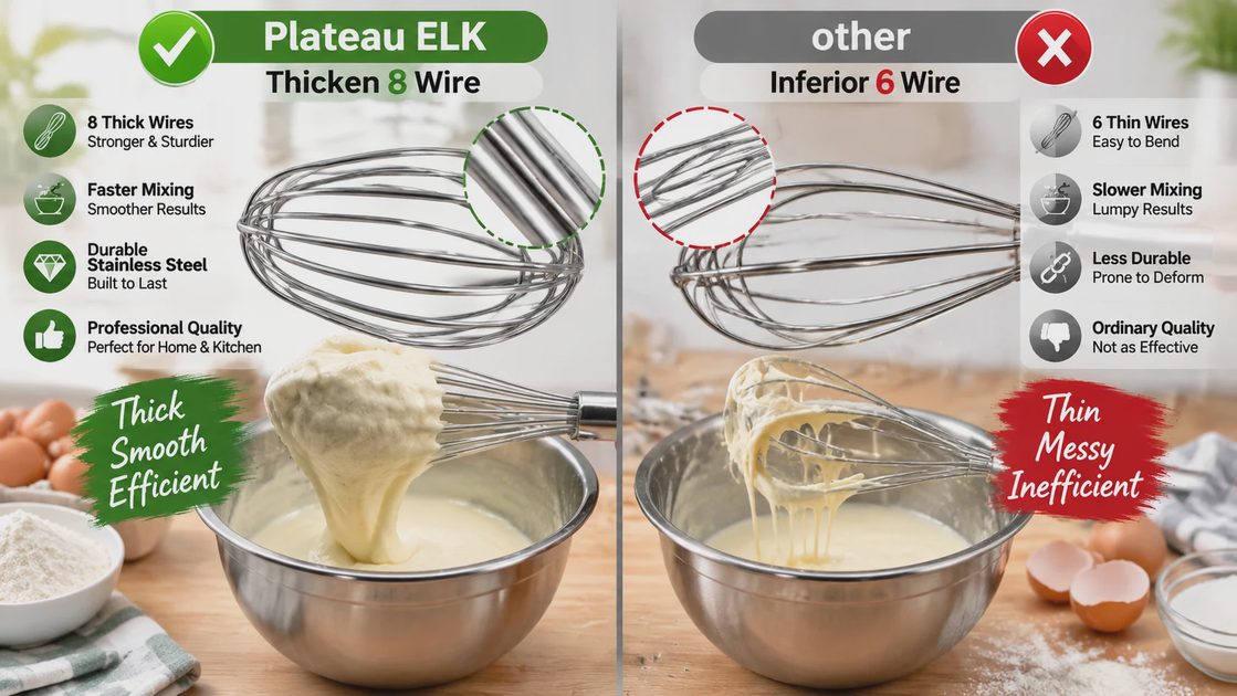 Side-by-side comparison of an 8-wire and 6-wire whisk in batter