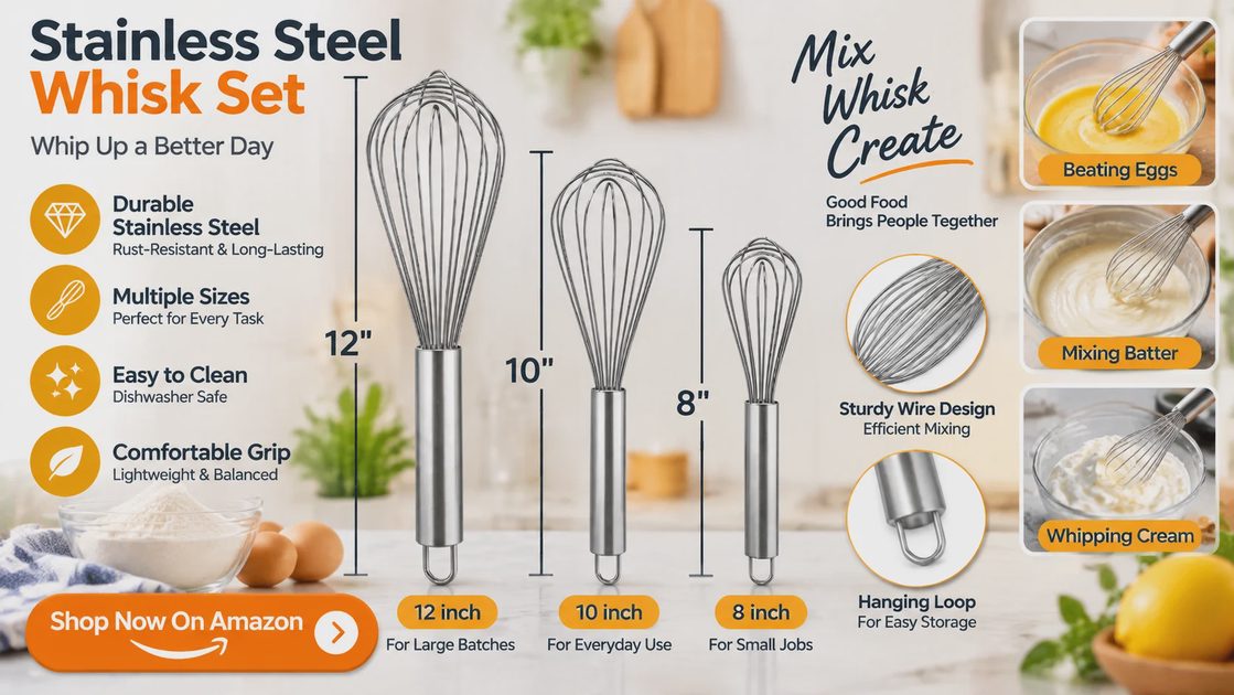 Three stainless steel balloon whisks in 8, 10 and 12 inch sizes