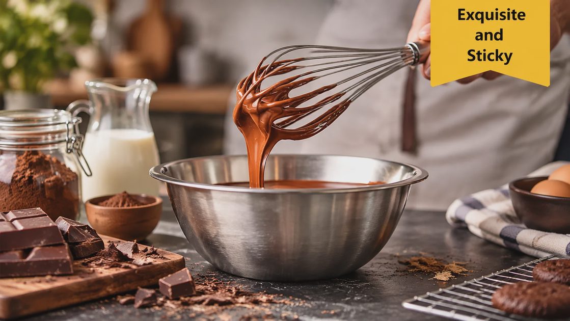 Chocolate batter dripping off a stainless balloon whisk into a bowl