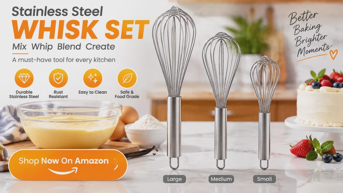 Size guide showing 8, 10 and 12 inch stainless balloon whisks