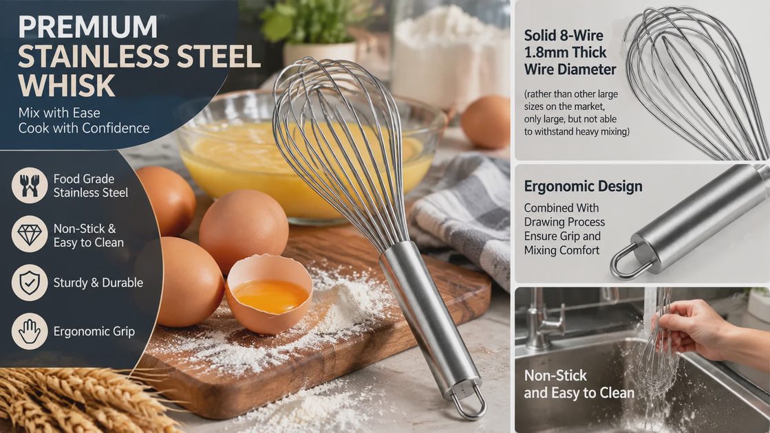 Feature diagram of an 8-wire stainless steel balloon whisk