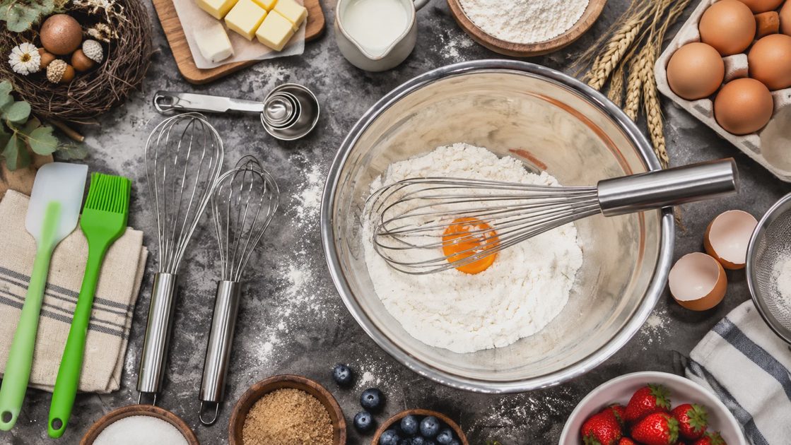 Two stainless whisks alongside baking tools and a flour bow